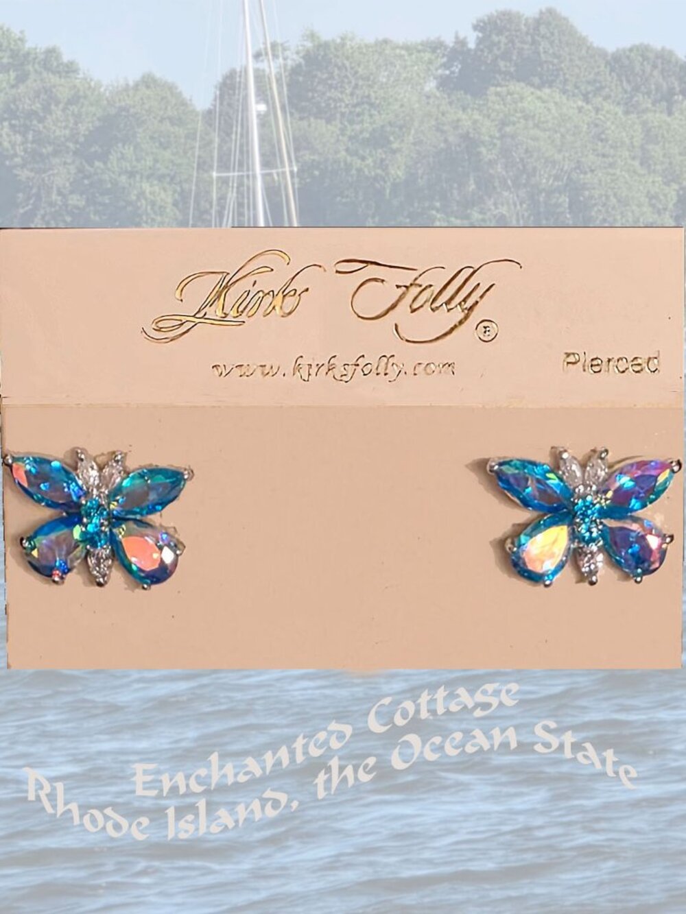 Kirks Folly Butterfly Earrings Iridescent Blue Aurora Borealis Crystals